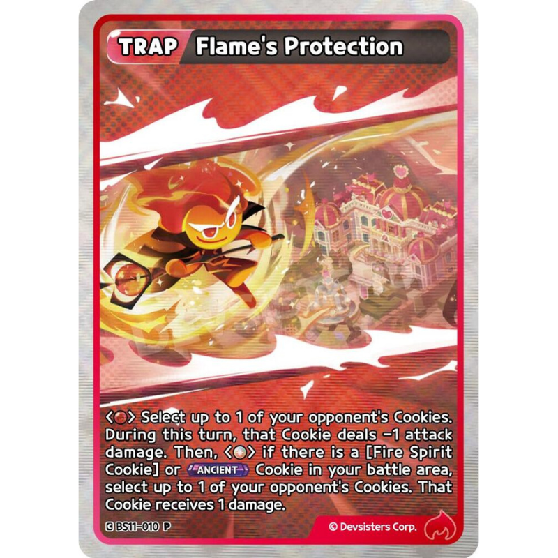 A single Pokémon trading card titled "Flame's Protection" with red and black framing, showing a fiery character in action and a castle-like structure in the background. The card includes game text and a Devixters Corp.