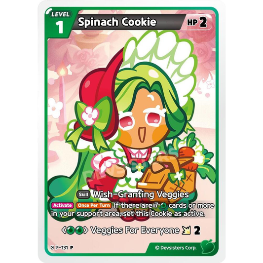 A single collectible trading card featuring the character Spinach Cookie from Devisser Corp. The card has a green border, a pink and green illustrated character, and text including 'Level 1', 'Spinach Cookie', and 'HP 2'.