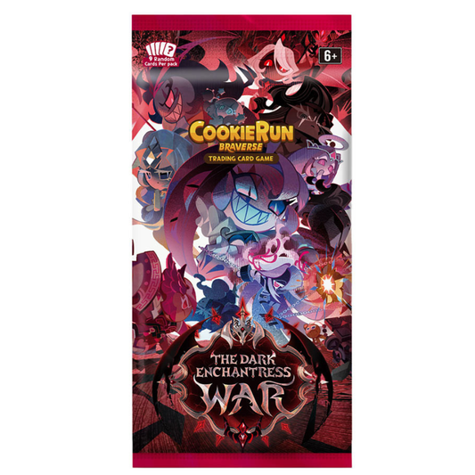 CookieRun Universe trading card game booster pack cover art for The Dark Enchantress War, featuring colorful fantasy characters and the CookieRun logo on a white background.