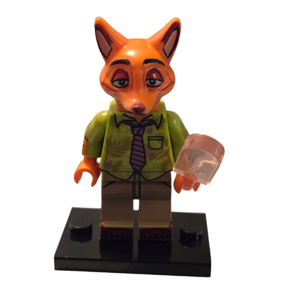 Toy figure of a fox character with a green shirt and tie on a white background