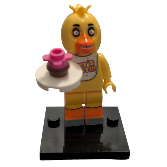 Yellow chicken-like figure with a pink flower on a white background