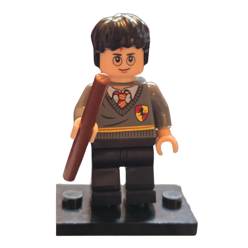 LEGO minifigure of a character wearing a Gryffindor sweater with a wand