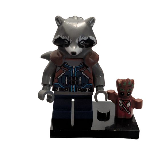 Raccoon and Groot figures on a white background