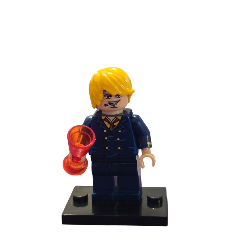 LEGO figure with yellow hair and blue outfit holding a red object on a white background