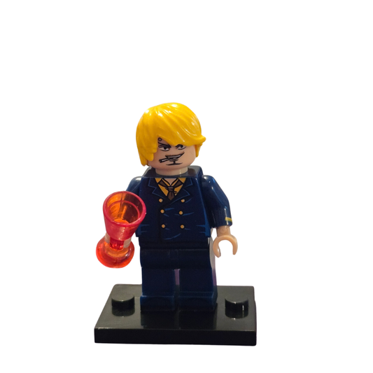 LEGO figure with yellow hair and blue outfit holding a red object on a white background