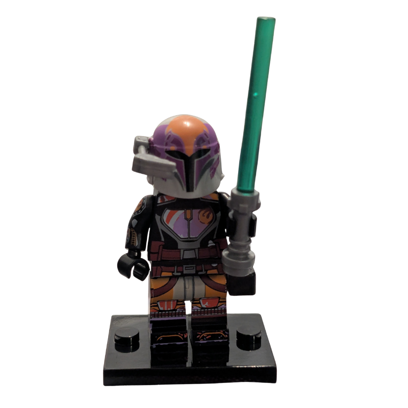 LEGO minifigure with a helmet and green lightsaber on a white background