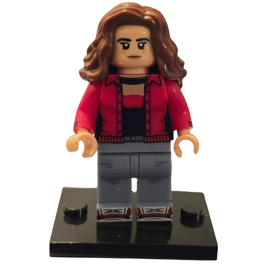 LEGO figure with a red jacket and gray pants on a white background