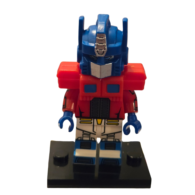 Toy figure of a robot with blue, red, and white colors on a black base.