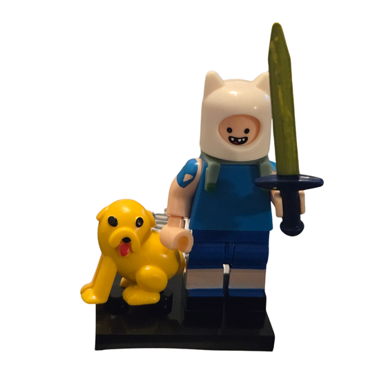 Toy figure of a character holding a sword and a dog on a white background