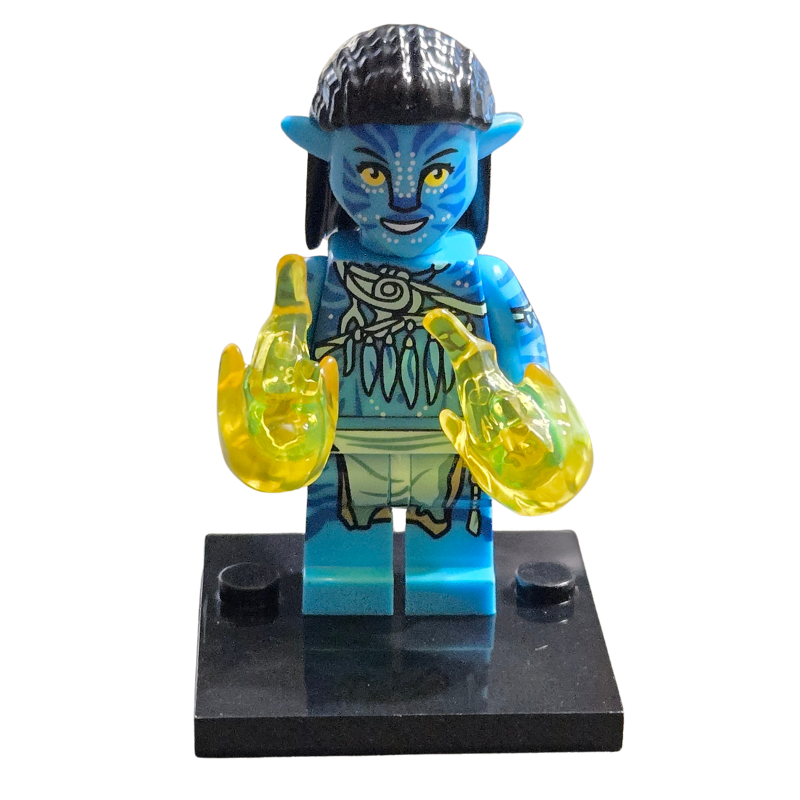 Blue alien-like LEGO minifigure with yellow hands on a white background