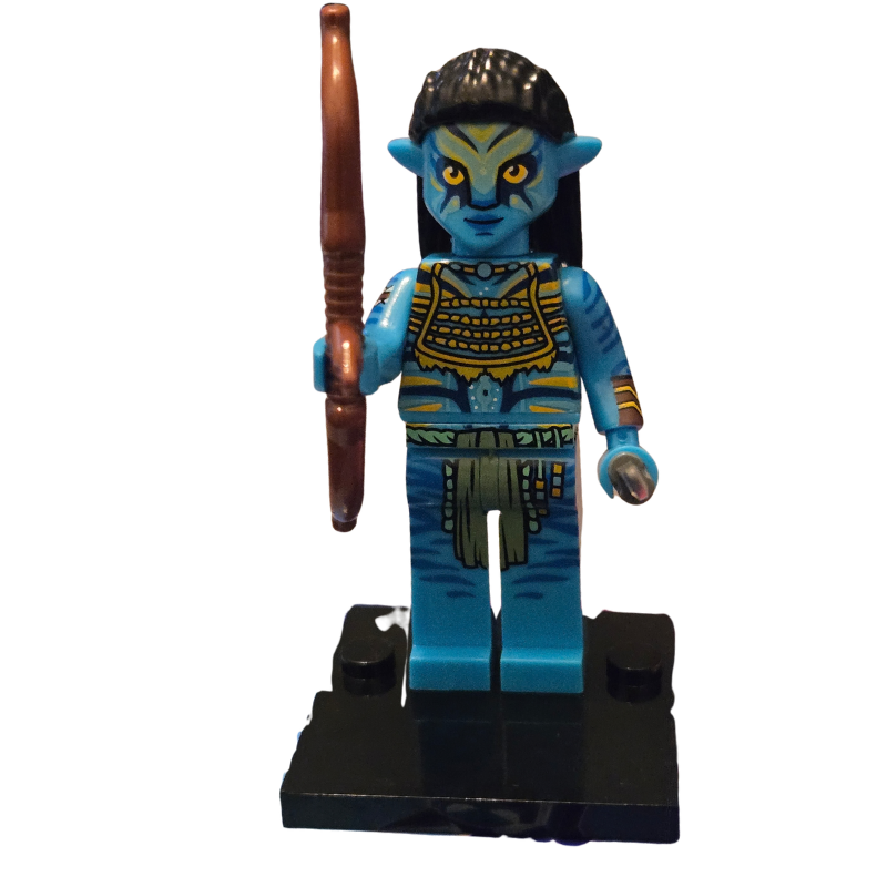 Blue-themed character figure with a bow on a white background
