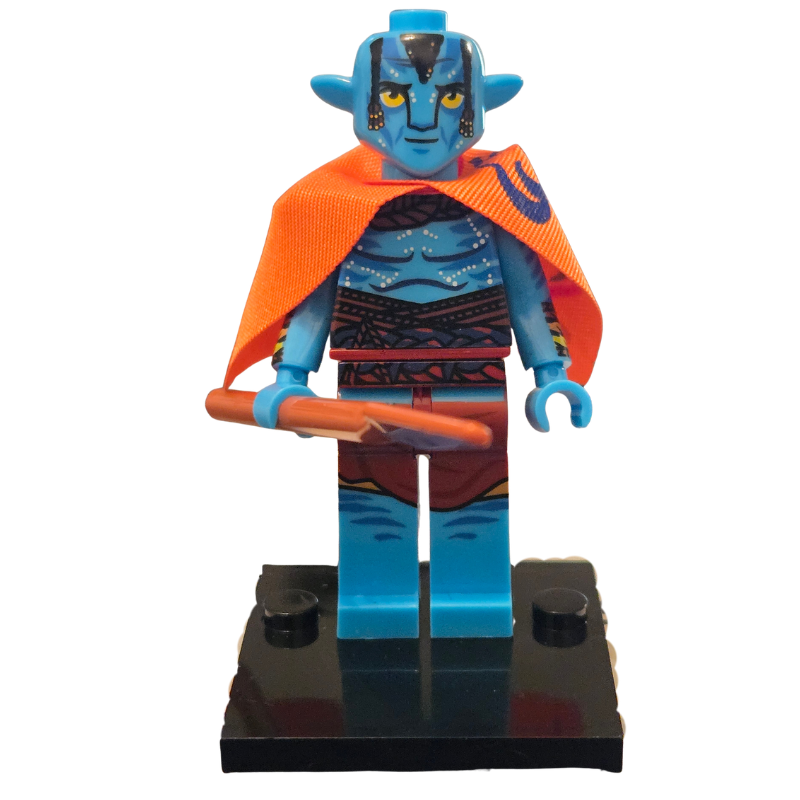 Toy figure with blue skin, orange cape, and colorful patterned outfit on a white background