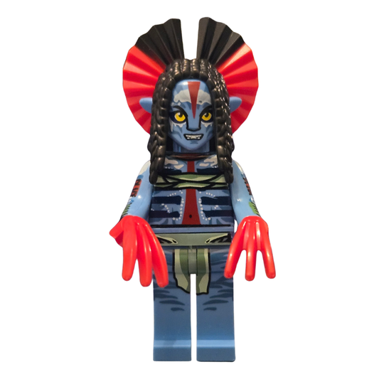 Toy figure with a headdress and red gloves on a white background