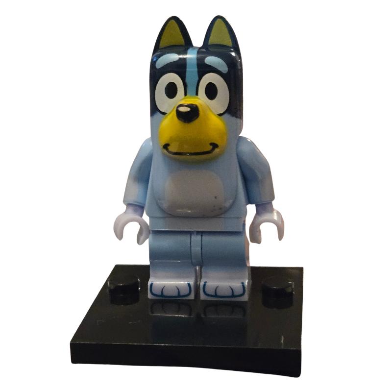 Toy figure of a blue character with a black base on a white background
