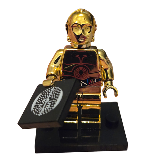 Gold robot figure on a black stand with a white logo