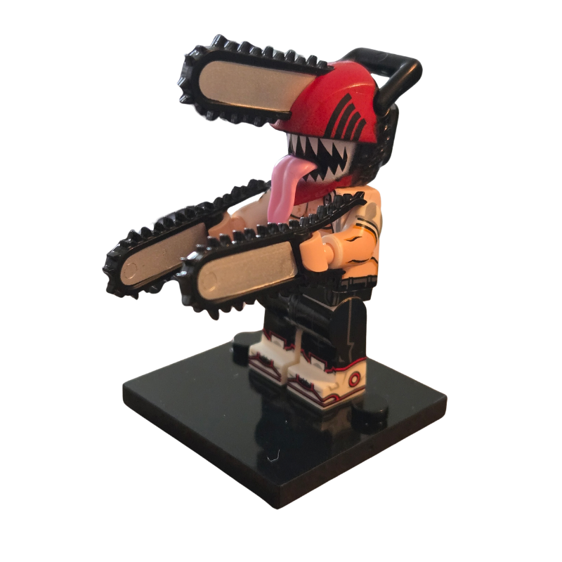 Toy figure with a chainsaw for a head on a white background