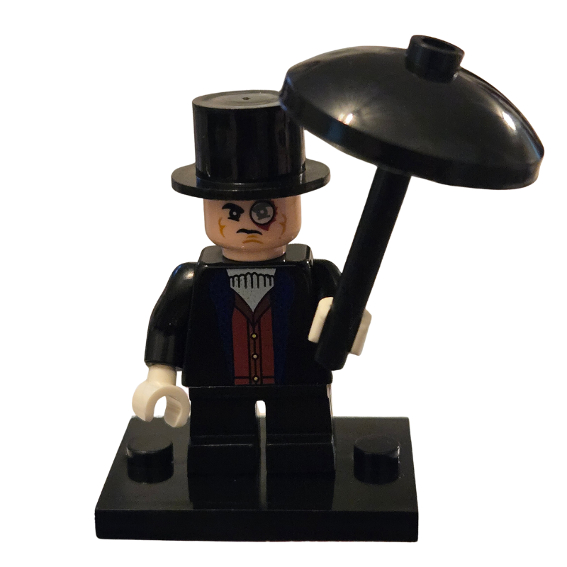 Minifigure with a top hat and umbrella on a white background