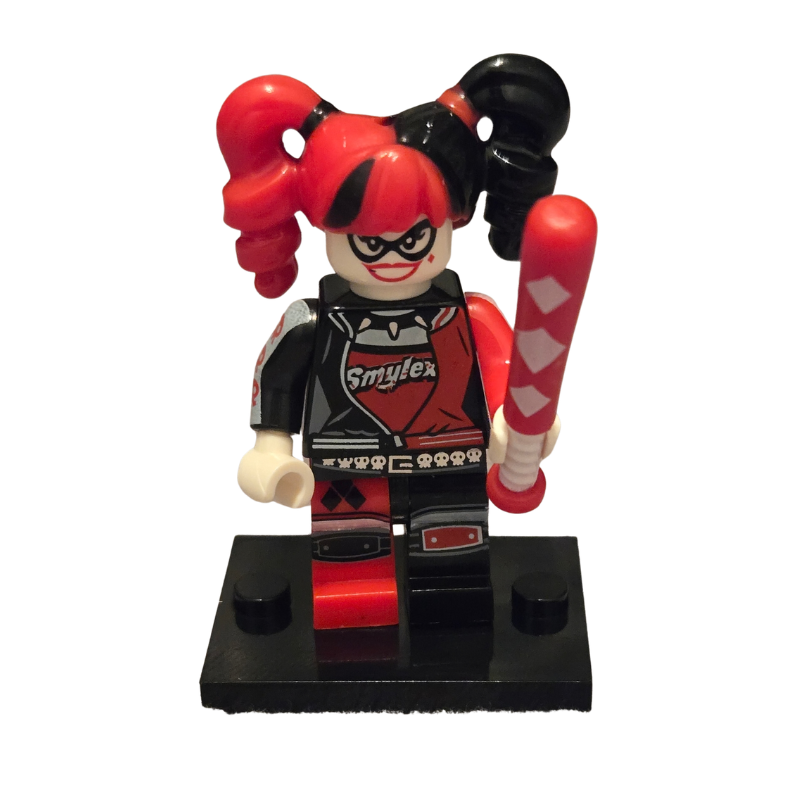 LEGO minifigure of a character with red hair and a bat on a white background