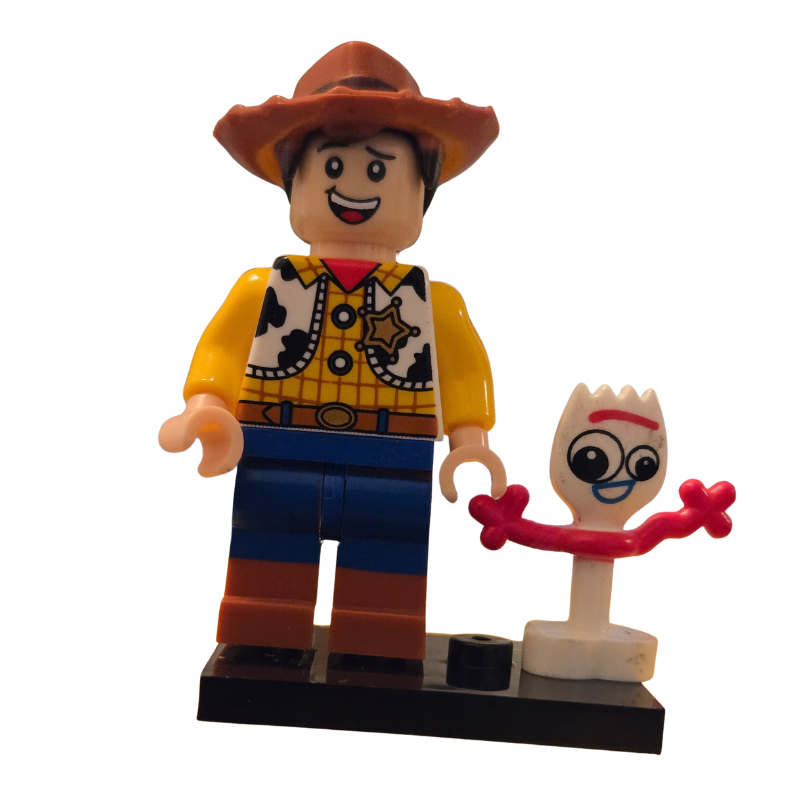 LEGO figure of a cowboy character with a smaller figure of a character with a fork-like head on a white background