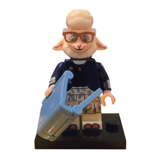Toy figure of a character with glasses and a blue tool on a white background