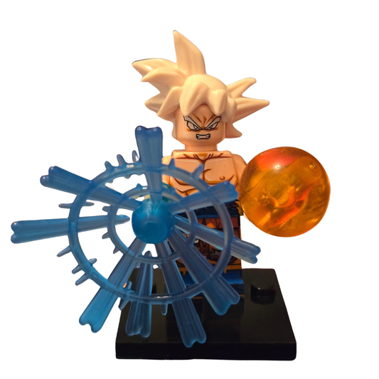 Toy figure with blue wheel and orange ball on a white background