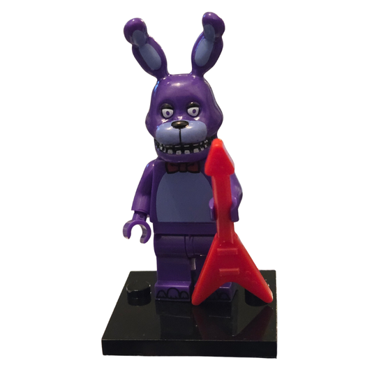 Purple cartoon character with a red object on a white background