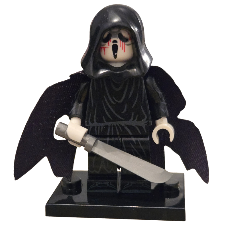 Minifigure of a hooded character with a sword on a white background