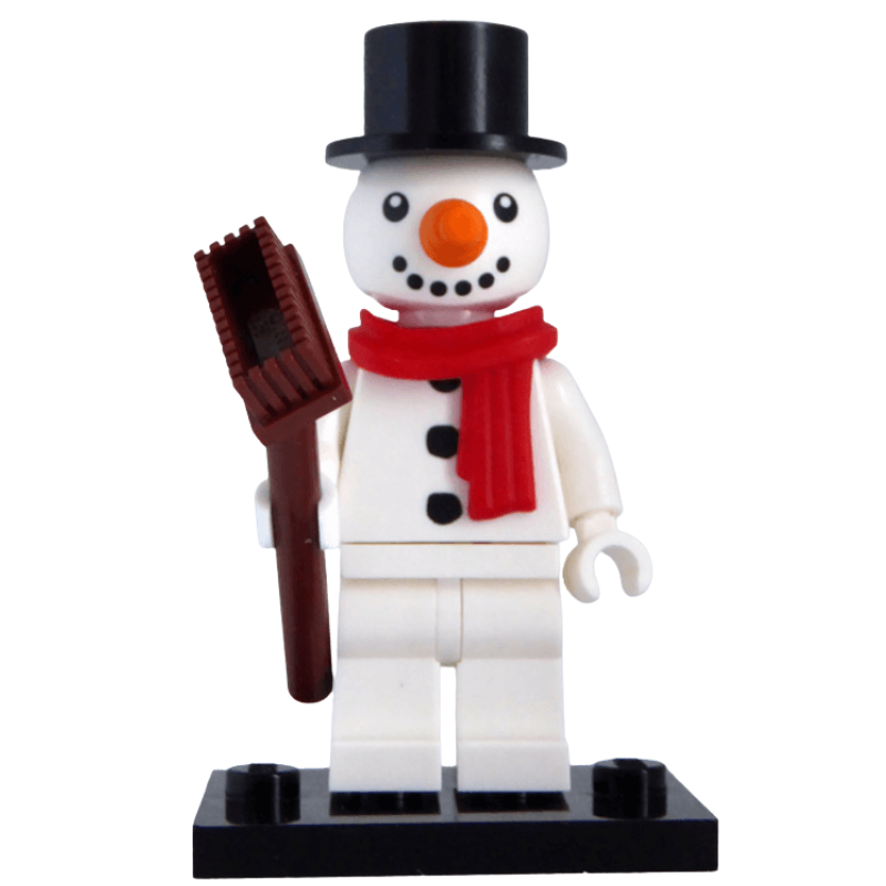 Snowman figurine with a black top hat, red scarf, and broom on a white background