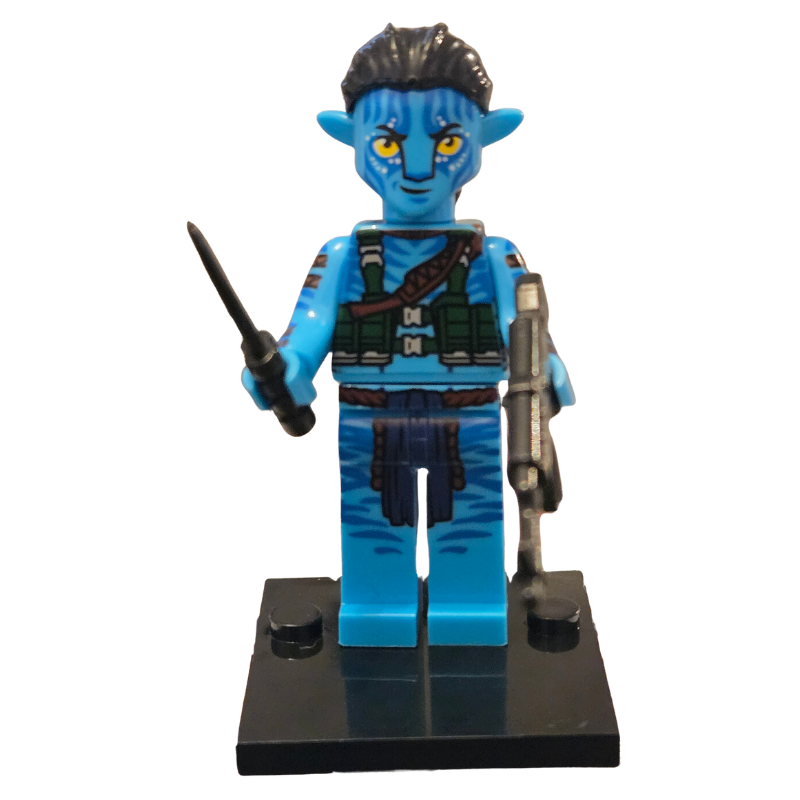 Blue-skinned figure with weapons on a white background