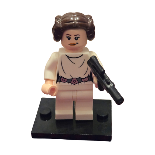 LEGO minifigure of a character holding a microphone on a white background