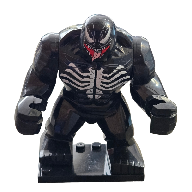 Black and white superhero figure with a clear base on a white background