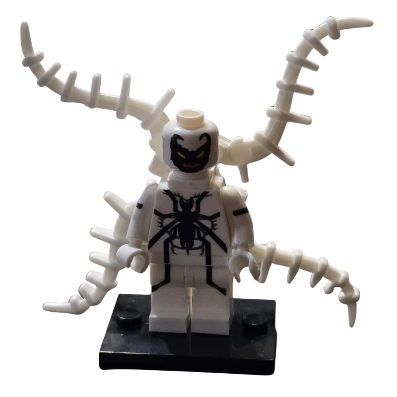 Minifigure with white skeleton-like arms and legs on a black base against a white background
