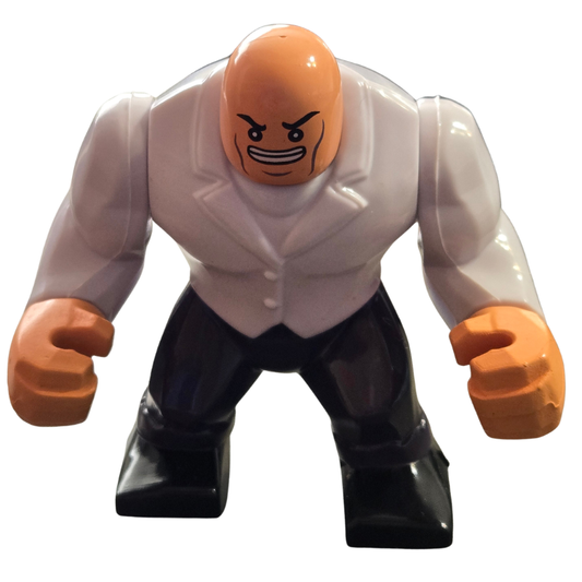 Toy figure with an orange head and black shoes on a white background
