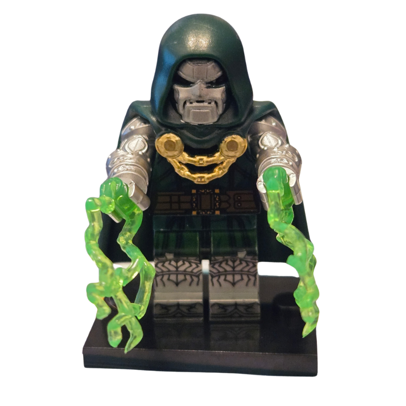 Superhero figurine with green accents on a white background