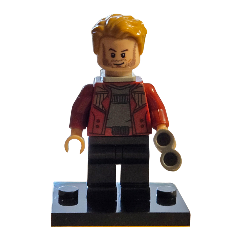 Custom Lego Compatible Star lord (Quill) Minifig, with red and gray shirt, black pants, and blonde hair, holding a gun.