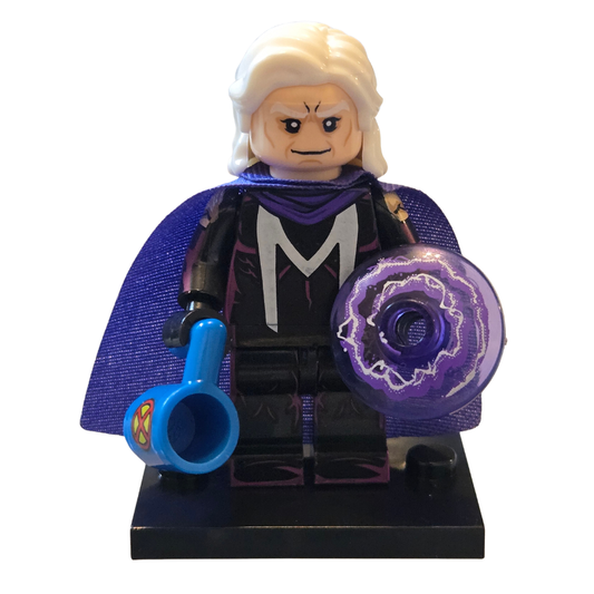Toy figure with a purple cape and blue weapon on a white background