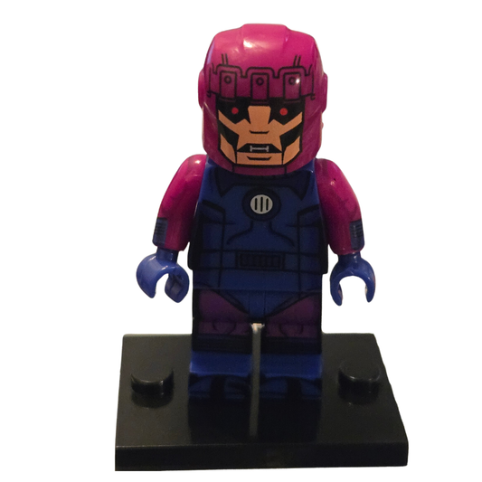 Toy figure with pink helmet and blue accents on a white background