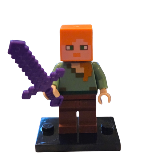 Toy figure with orange hair and a purple sword on a white background