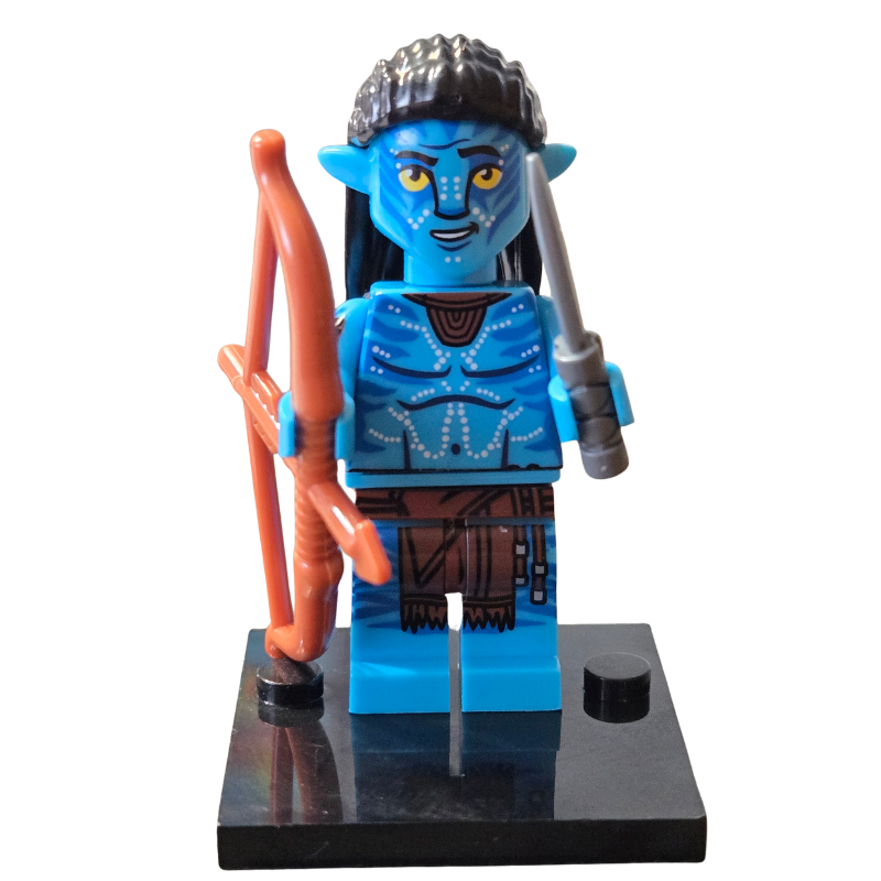 Blue-skinned character figure with tribal design on a black base