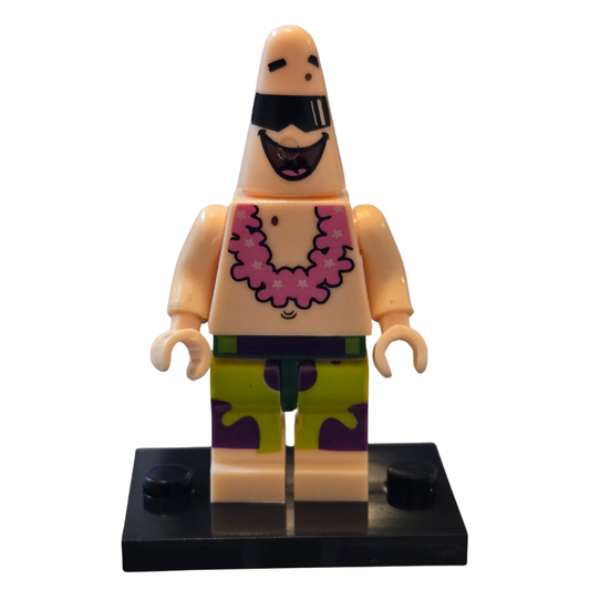 LEGO figure of a character with a pink flower lei and colorful shorts on a white background