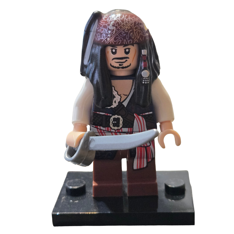 Pirate-themed LEGO minifigure with long hair and a sword on a white background