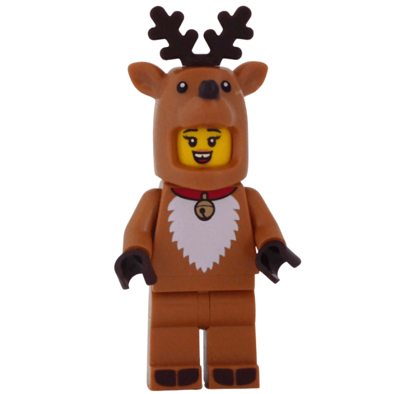 LEGO reindeer figure with a white beard and red collar on a white background