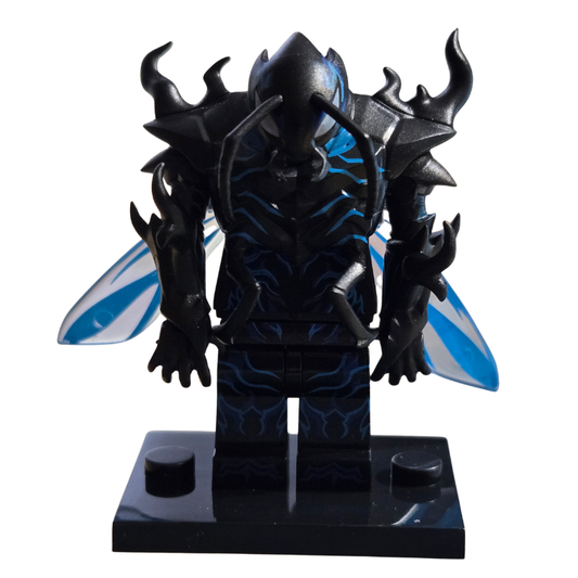 Black and blue fantasy warrior figure with armor and wings on a white background