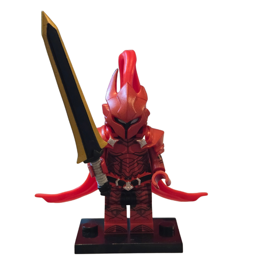 Red warrior figure with a sword on a white background