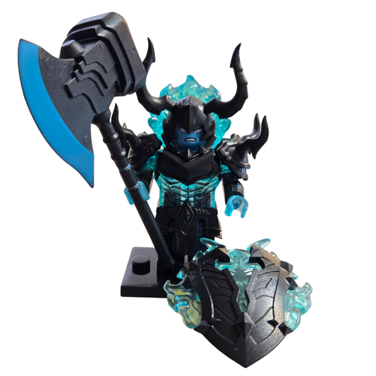 Toy figure with black armor, blue accents, and an axe on a white background