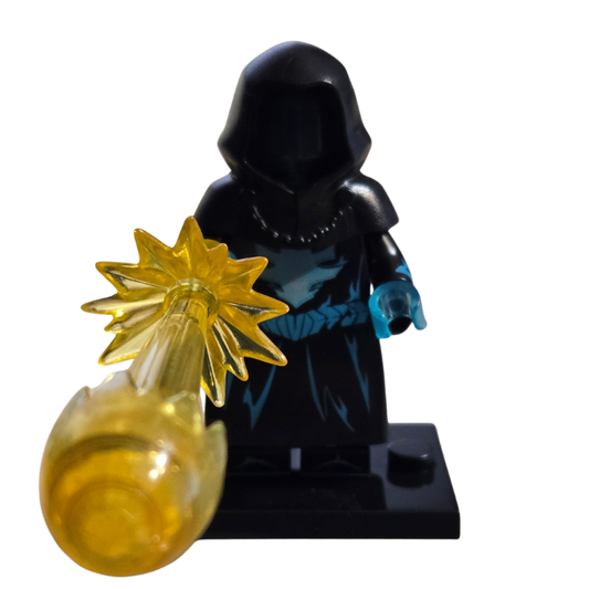 Black hooded figure holding a yellow crystal-like object on a white background