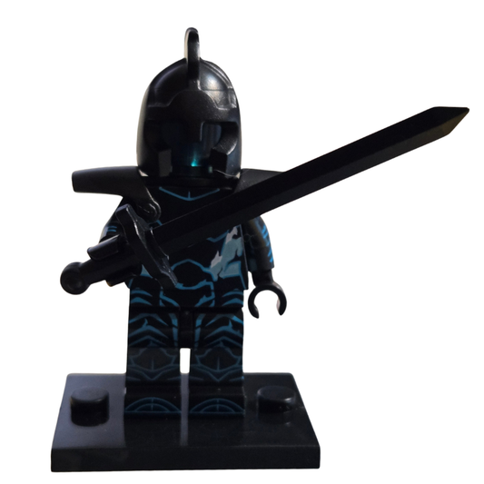 Black and blue superhero minifigure with a sword on a white background