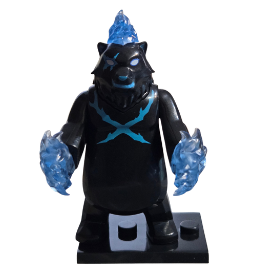 Black figure with blue glowing elements on a white background
