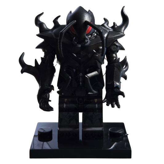 Black warrior figure with red eyes on a white background