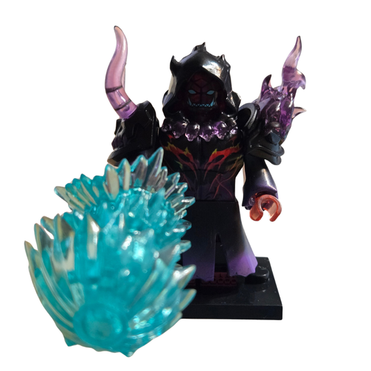 Toy figure with purple accents and a blue crystal-like object on a white background